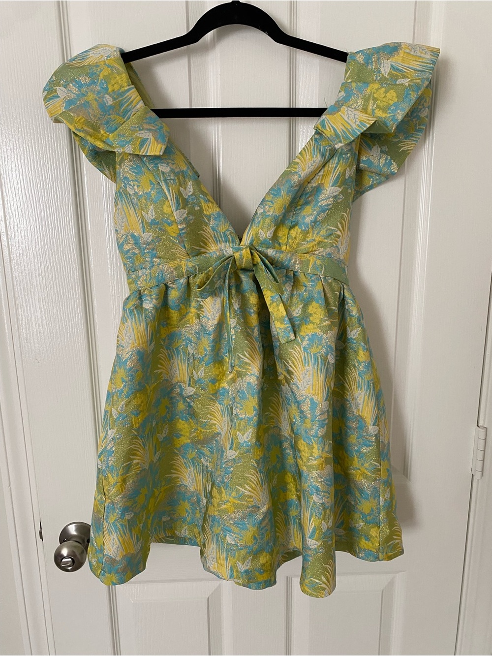 Lena Floral Tie-Front Ruffle Sleeve Tunic - Yellow & Blue